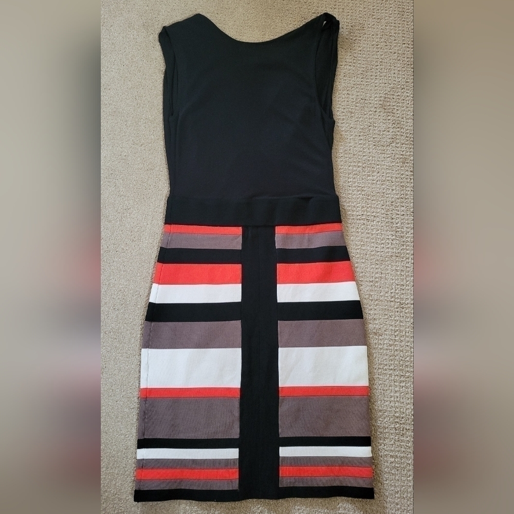 Karen Millen Multi Colored Striped Drape/ Cowl Neck Top Sheath Midi Dress - Picture 6 of 10